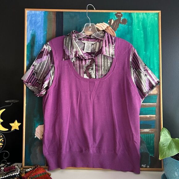 Fred David Sweater Top Womens Size XL Purple Multi Striped Layered Look Collared - Picture 5 of 14